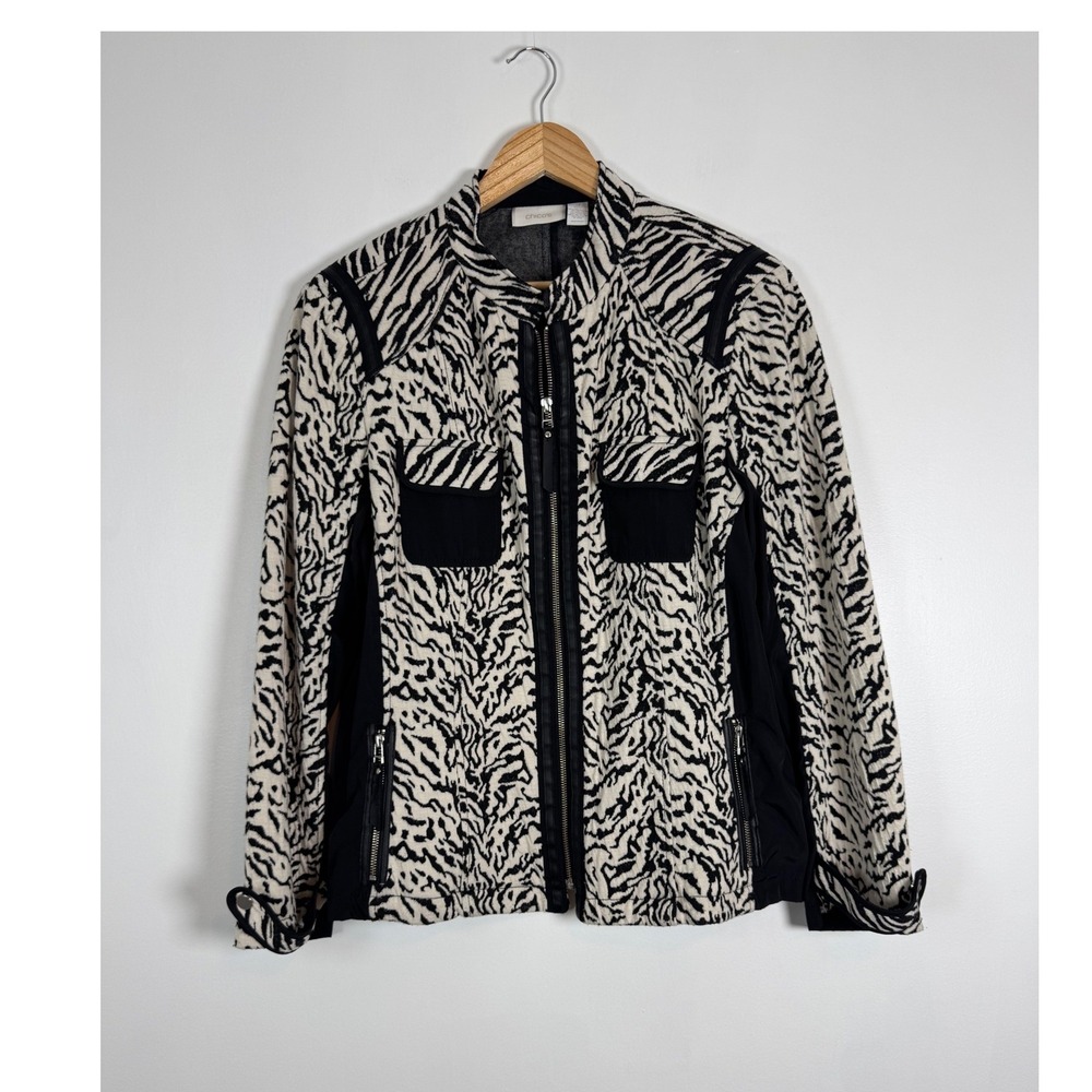 Safari Core Chico's Women L/XL Zebra Print Moto Jacket Black White Full Zip